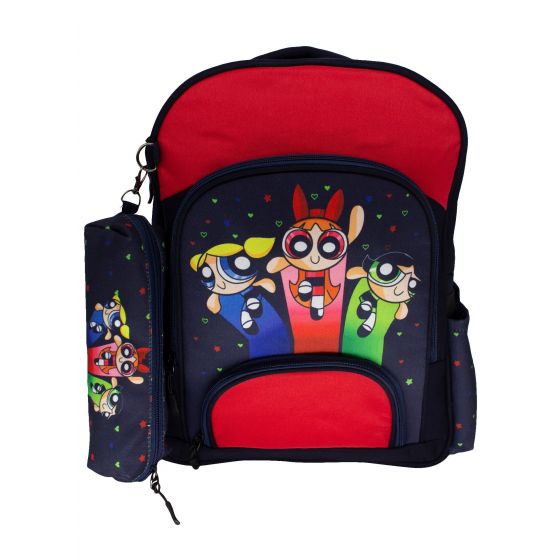 Gharibo Bags School Backpack With Pencil Case For Girls, Powerpuff Girls Pattern - Black and Red