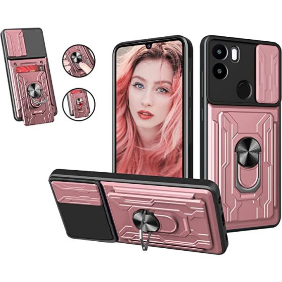 Case Compatible with Xiaomi Redmi A1+ A1 Plus Case with Removable Kickstand & Card Holder,Slide Camera Cover Built-in Magnetic Ring Stand Women Men Hybrid Armor Hard Luxury - Rose Gold