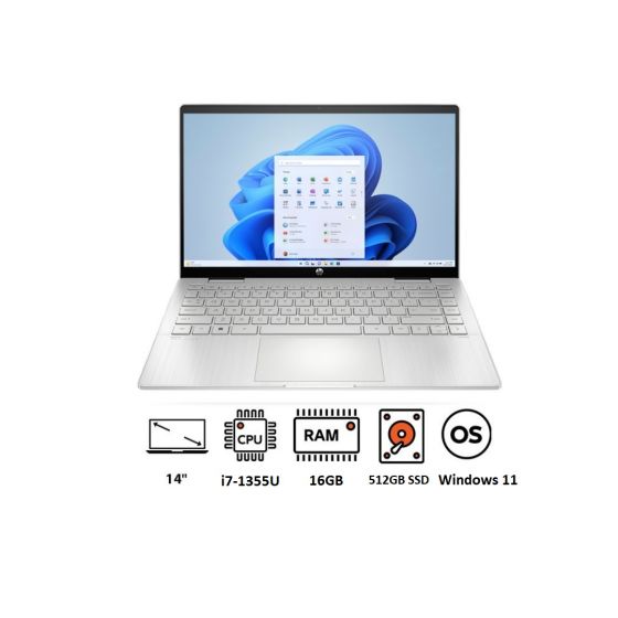 لاب توب اتش بي بافيليون x360 14-ek1038ne 9Z7N4EA، انتل كور i7-1355U، هارد SSD سعة 512 جيجا NVMe، رام 16 جيجا، شاشة مقاس 14 بوصة تعمل باللمس، بدقة FHD IPS، كارت شاشة انتل ايريس Xe جرافيكس، ويندوز 11 - فضي