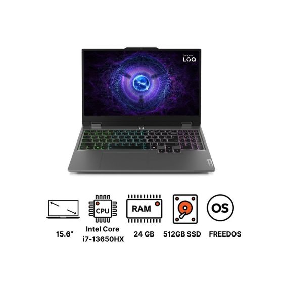 Lenovo LOQ 15IRX9 Gaming Laptop, Intel Core i7-13650HX, 512GB SSD M.2, 24GB RAM, 15.6 Inch, FHD, 144Hz, NVIDIA GeForce RTX 4050 6GB GDDR6, FREEDOS - Luna Grey