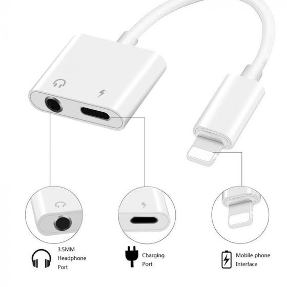 Keendex Lightning 2 in 1 3.5mm Earphone Audio & Charger Splitter, White - KX 2473