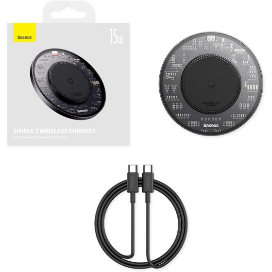 Baseus Simple 2 Wireless Qi Inductive Charger, 15 Watt, 1 USB-C Port, Black - CCJJ050001