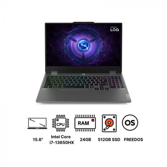 لاب توب لينوفو LOQ 15IRX9 83DV0129ED، انتل كور i7-13650HX، هارد SSD سعة 512 جيجا، رام 24 جيجا، شاشة 15.6 بوصة IPS بدقة FHD، كارت شاشة انفيديا جي فورس RTX 4050 سعة 6 جيجا GDDR6، دوس - رمادي لونا