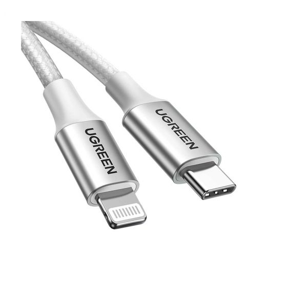 كابل شحن يو جرين USB-C الى لايتنينج، 36 وات، 1.0 متر، فضي - 70523