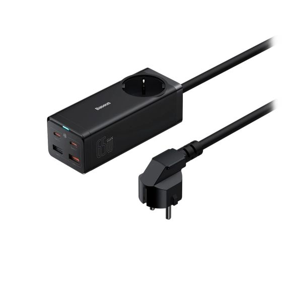 مشترك كهرباء باسيوس، 4 منفذ USB، منفذ تيار متررد، بقوة 65 وات، بطول 1.5 متر، اسود - PSZM000901