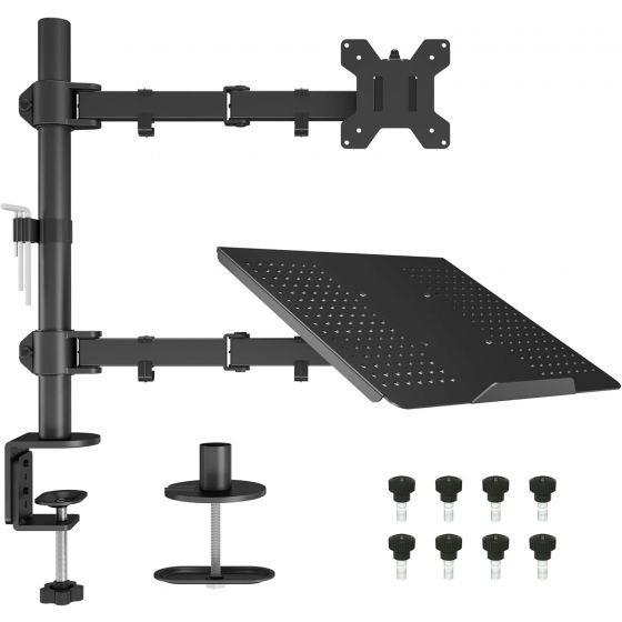 Bontec Single Arm Holder for 13 to 27 Inch Monitors, with Laptop Tray up to 17 inch, Black - MDM001B-LT-MN