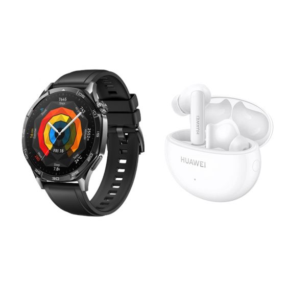 Huawei GT5 Smart Watch, 46mm, Black - VILI-B19F with Huawei FreeBuds 5i Earbuds with Active Noise Cancellation - Ceramic White