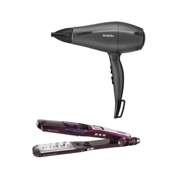 Babyliss Hair Dryer, 2000 Watt, 3 Temperatures, Black - 5910E, with iPro 230 Steam Titanium Ceramic Hair Straightener Set- ST396ALE