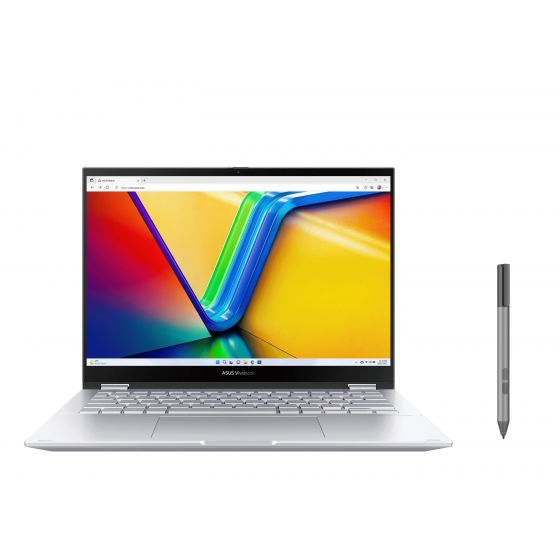 Asus VivoBook S14 Flip TN3402YA-LZ555W Laptop, AMD Ryzen 5 7430U, 512GB M.2 NVMe PCIe 3.0 SSD, 8GB RAM, 14 Inch, WUXGA, 60Hz, AMD Radeon Graphics, Windows 11 - Cool Silver with ASUS Pen SA200H-MPP1.51