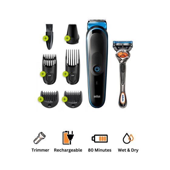 Braun All in One Hair Trimmer with Gillette Fusion5 ProGlide Razor, Black/Blue - MGK3245
