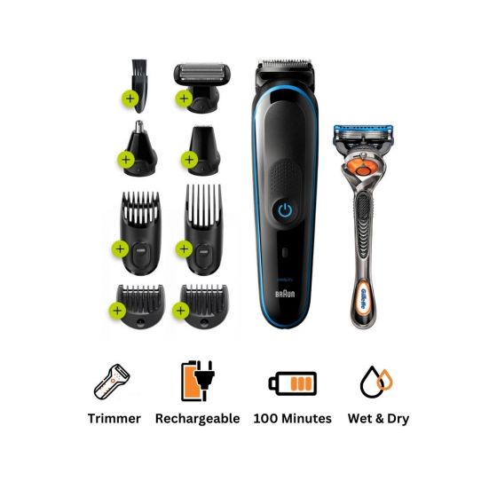 Braun 9 in One Hair Trimmer with Gillette Fusion5 ProGlide Razor for Men, Black/Blue - MGK5280