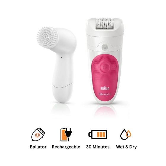 Braun Silk epil 5 Epilator  Wet & Dry, with 4 Extras, White \ Pink - 5-537