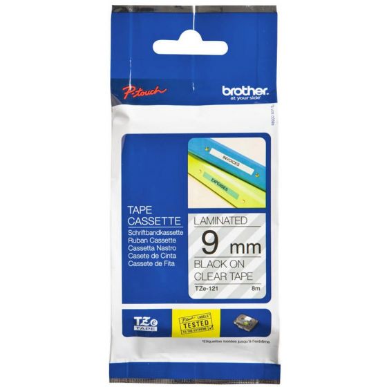 Brother Laminated Labelling Tape Cassette, 9 mm, black/clear - TZE-121