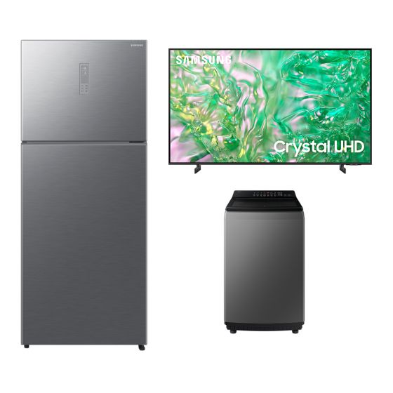 ثلاجة سامسونج نوفروست، 419 لتر، فضي - RT40DG3110QVMR مع تلفزيون سمارت 65 بوصة بدقة 4K UHD، وتقنية LED مع ريسيفر داخلي - 65DU8000 و غسالة ملابس، تحميل علوي، 11 كيلو، رمادى - WA11DG5410BDAS