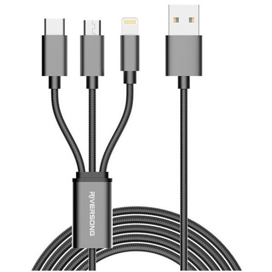 Riversong Infinity III 3 in 1 USB Charging and Data Transfer Cable, 1 Meter, Grey - C19