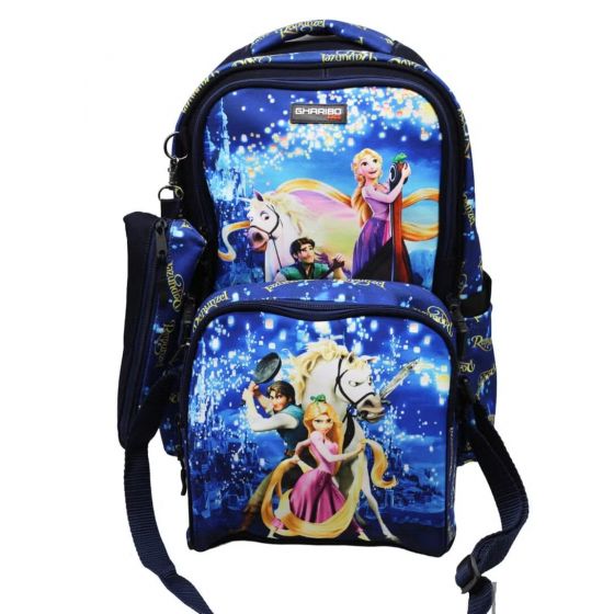Gharibo Bags School Backpack With Lunch Bag and Pencil Case for Girls, Rapunzel Pattern - Blue and Black