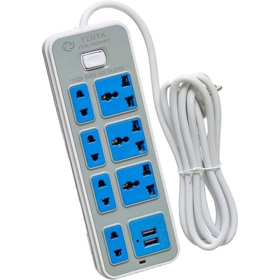 مشترك كهرباء بعدد 2 منفذ USB، و7 فيشة، بقوة 2200 وات، سلك بطول 1.5 متر - رمادي