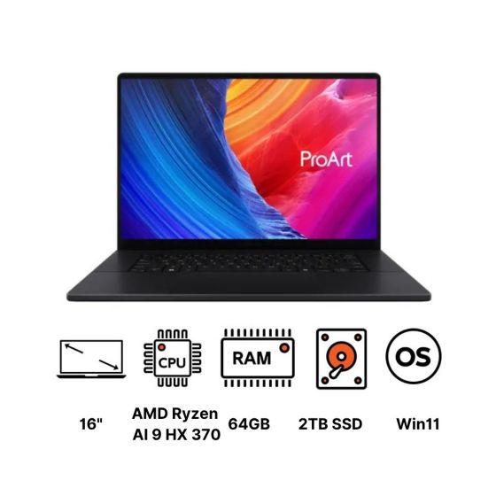 لاب توب اسوس برو ارت P16 H7606WP-ME021X - 90NB15K1-M001L0، ايه ام دي رايزن AI 9 HX 370، هارد SSD سعة 2 تيرا، رام 64 جيجا، شاشة OLED، مقاس 16 بوصة، دقة 4K، كارت شاشة انفيديا جي فورس RTX 5070 سعة 8 جيجا، ويندوز 11 - اسود نانو