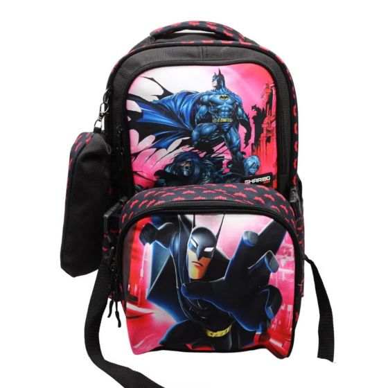 Gharibo Bags School Backpack With Lunch Bag and Pencil Case for Boys, Batman Pattern - Black and Red