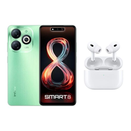 Infinix Smart 8, 64GB, 2GB RAM, 4G LTE, Dual SIM - Crystal Green with Ridingtone AirPods Pro 2nd Gen Earbuds, Noise Cancellation - White