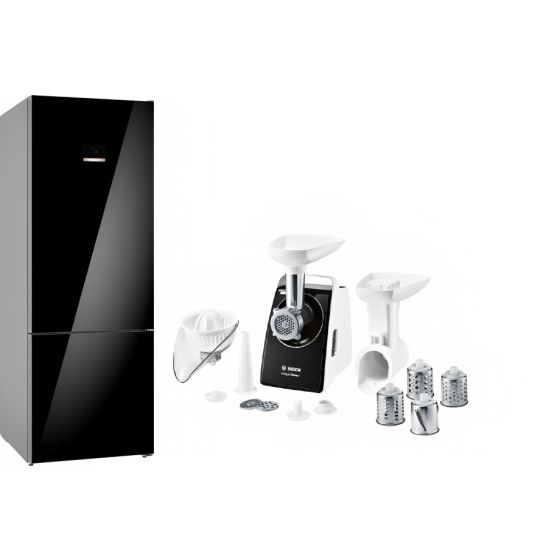 Bosch Series 6 No Frost Refrigerator, 508 Litres, Black - KGN56LB3E9 with Bosch Compact Power Meat Grinder, 1800 Watt, Black and White - MFW3850B