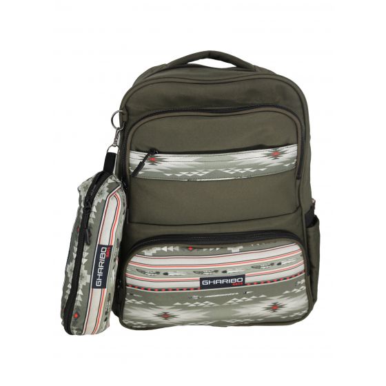Gharibo Bags School Backpack With Pencil Case For Kids, Feathers Pattern - Olive