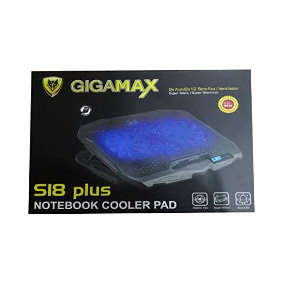 قاعدة تبريد لاب توب جيجاماكس بشاشة LED، اسود - S18 Plus
