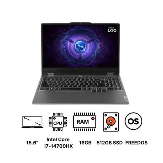 لاب توب جيمنج لينوفو  LOQ 15IRX9 83DV00RMAX، انتل كور I7-14700HX، هارد SSD سعة 512 جيجا، رام 16 جيجا، شاشة IPS، مقاس 15.6 بوصة، دقة FHD، بمعدل تحديث 144 هرتز، كارت شاشة انفيديا جي فورس RTX 4060 سعة 8 جيجا، FREEDOS - رمادي لونا