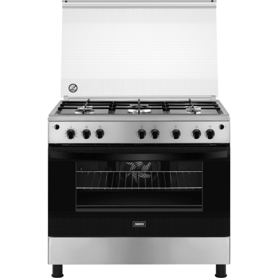 Zanussi Steel Max Gas Cooker, 5 Burners, Black and Silver - ZCG923A6XA