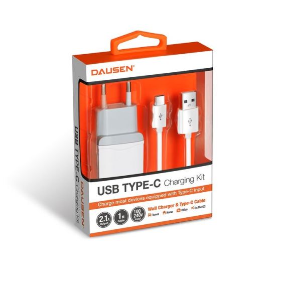 Dausen Wall Charger with Type-C Cable, 2.1 Amper, White- TR-EA431WT