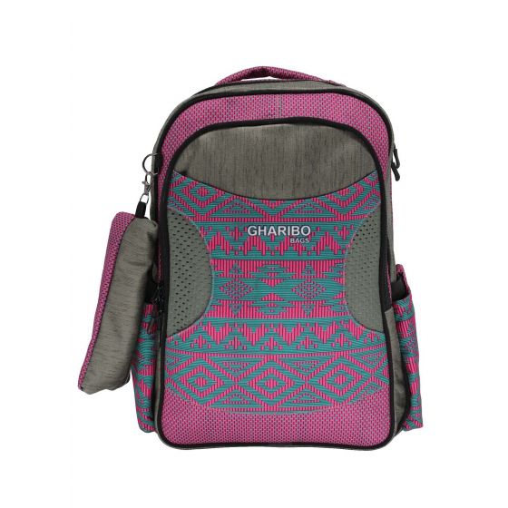 Gharibo Bags School Backpack With Pencil Case for Girls, Motifs Pattern - Pink and Grey