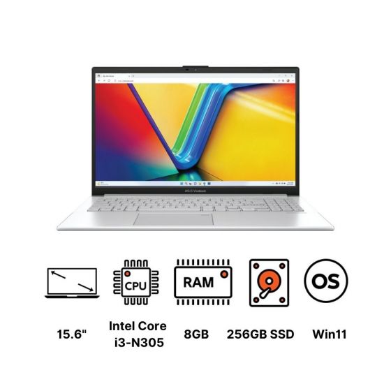 لاب توب اسوس فيفو بوكGo 15 E1504G ، انتل كور i3-N305، هارد 256 جيجا SSD، رام 8 جيجا، شاشة 15.6 بوصة FHD LED بمعدل تحديث 60 هرتز، كارت شاشة انتل UHD جرافيكس، ويندوز 11 - اسود مكسد