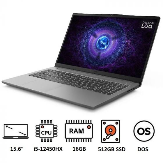 لاب توب لينوفو جيمينج LOQ - E 15IAX9E، انتل كور i5-12450HX، شاشة 15.6 بوصة FHD IPS بتردد 144Hz، سعة 512 جيجا SSD، رام 16 جيجا DDR5، كارت شاشة انفيديا جي فورس RTX 3050 سعة 6 جيجا، دوس، رمادي
