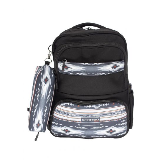 Gharibo Bags School Backpack With Pencil Case For Kids, Feathers Pattern - Black