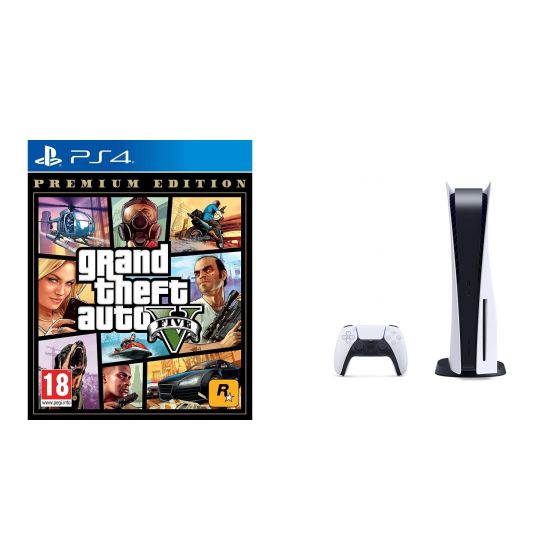 Sony PlayStation 5, 1 Wireless Controller, White - CFI-1016A01 MEE, with Grand Theft Auto V, Premium Edition for PlayStation 4