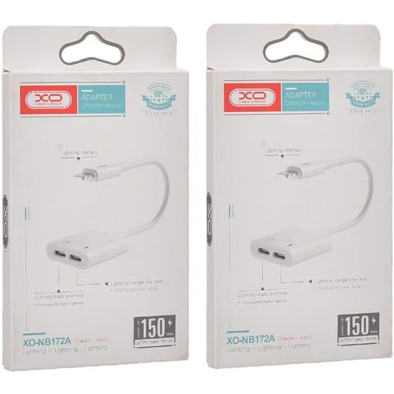 XO NB172A 2in1 Audio Adapter Lightning Cable To Lightning With 5V/2A Max Output 150MM Set Of 2 Pieces - White