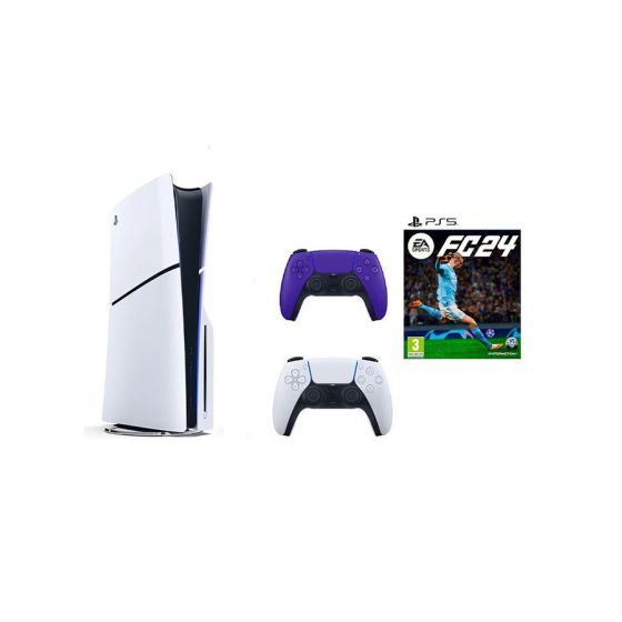سوني بلايستيشن 5 سليم اصدار محرك اقراص، 1 تيرا SSD، مع 2 ذراع تحكم لاسلكي، ابيض و ارجواني، مع لعبة اف سي 24 - ابيض