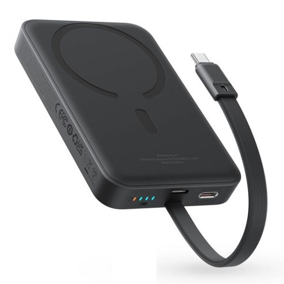 Baseus Magnetic Mini Wireless Power Bank with Built-in Type-C Cable, 1 Port, 10000 mAh, 30W, Black - P1002210B113-00 