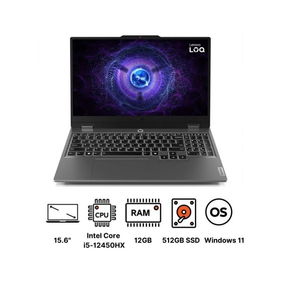 Lenovo LOQ 15IAX9 83GS001CUS Gaming Laptop, Intel ‎Core i5-12450HX, 512GB SSD, 12GB RAM, 15.6 Inch, FHD, 144Hz, NVIDIA Geforce RTX 3050 6GB, Windows 11 - Grey