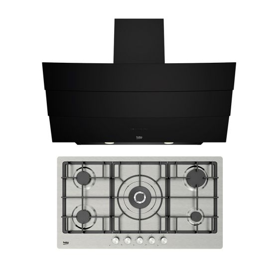 Beko Built-In Gas Hob, 5 Burners, Silver - HIMW 95226 SXEL with Beko Built-in Decorative Hood, 90cm, Black - HCA92640BHE