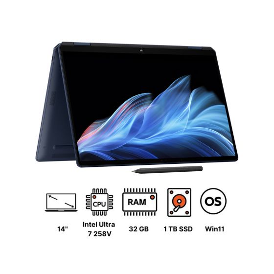لاب توب اتش بي اومني بوك الترا فليب 14-fh0010ne B7JR4EA، انتل الترا 7 258V، هارد 1 تيرا SSD، رام 32 جيجا، شاشة OLED مقاس 14 بوصة، بدقة 3K، معدل تحديث 48 - 120 هرتز، كارت شاشة انتل ارك جرافيكس، ويندوز 11 - ازرق