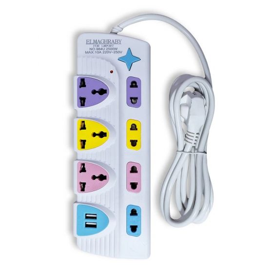 مشترك كهرباء المغربي، 7 منافذ مع 2 منفذ USB،  قدرة 2500 وات، ابيض - 984U