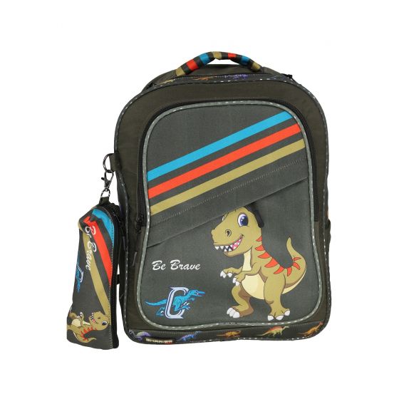 Gharibo Bags School Backpack With Pencil Case For Kids, Dinosaur Pattern - Olive