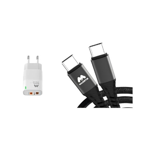 Majentik Wall Charger, 25 Watt, 2 Ports, Type-C, White - MC-002 With Cable