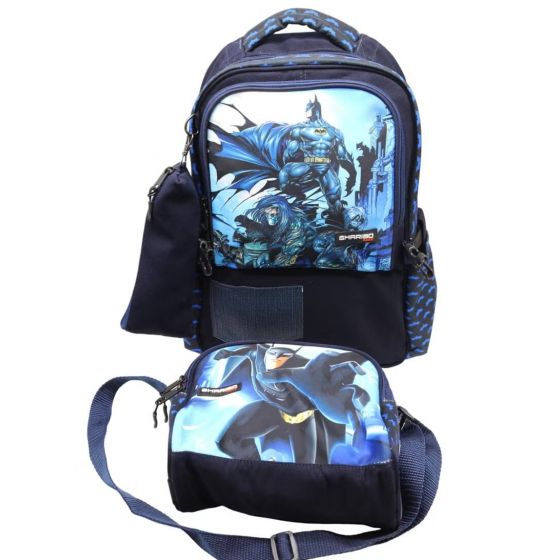 Gharibo Bags School Backpack With Lunch Bag and Pencil Case for Boys, Batman Pattern - Black and Blue