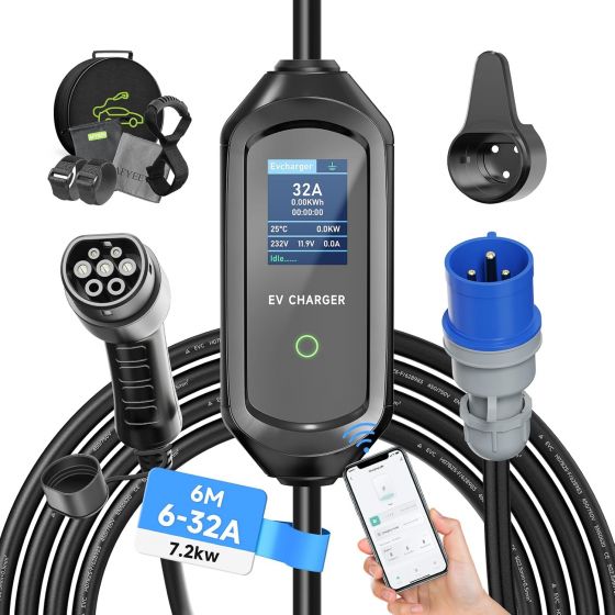 AFYEEV Schuko Type 2 Electric Car Charging Cable, 32A, 7.2kW - Black