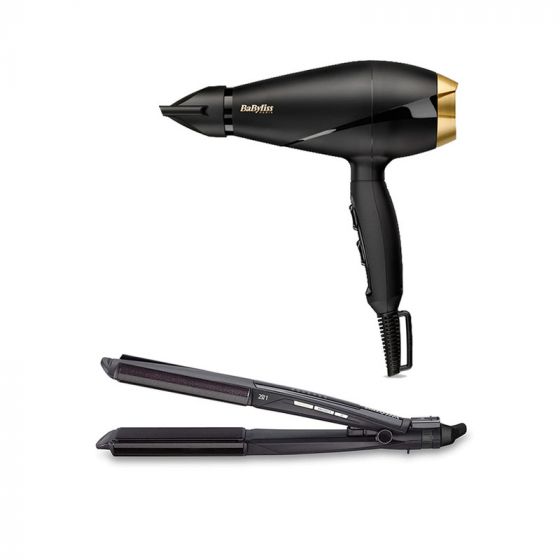 Babyliss Power Pro 2000 Hair Dryer, 2000 Watt, Black and Gold - 6704E With  Babyliss 2 in 1 Wet and Dry Hair Curler & Straightener, Black - ST330E