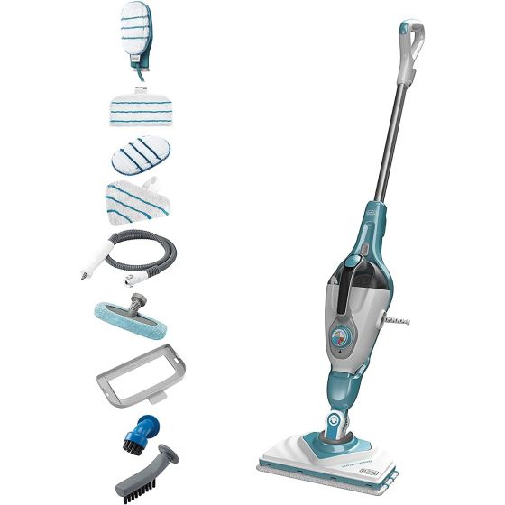 Black + Decker Water Tank Steam Mop Cleaner with Attachments, 1600 Watt, White and Blue - BHSM166DSM-GB