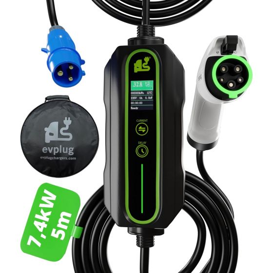 EVPLUG Type 1 Electric Car Charging Cable, 32A, 7.4kW - Black and White