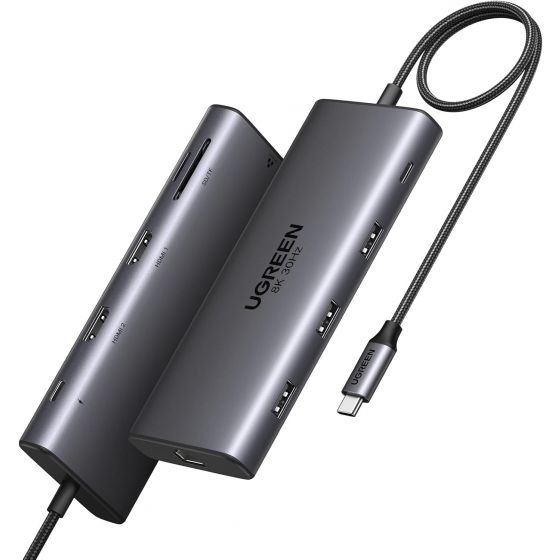 موزع USB-C يو جرين ريفودوك برو 210، 10 منافذ، 100 وات، رمادي غامق - 15534